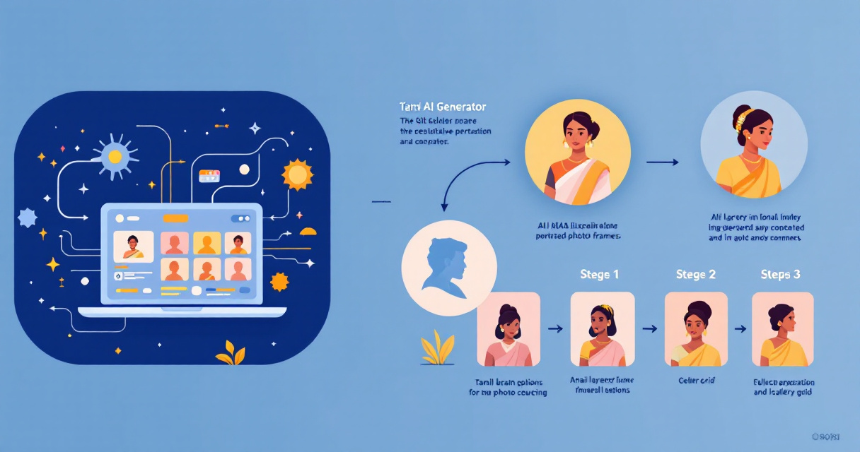 Infographic showing how an AI system generates Tamil traditional attire portraits, including AI processing, portrait variations, cultural styles, and responsible use concepts.