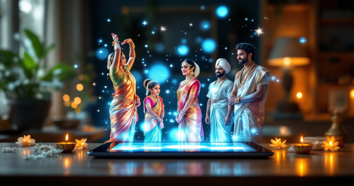 AI-generated Tamil traditional attire portraits floating above a digital creator workspace