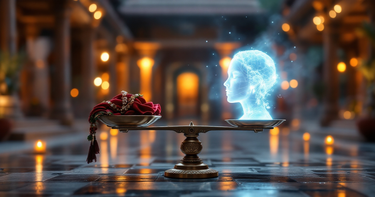 Symbolic balance between AI technology and Tamil cultural heritage in a temple courtyard