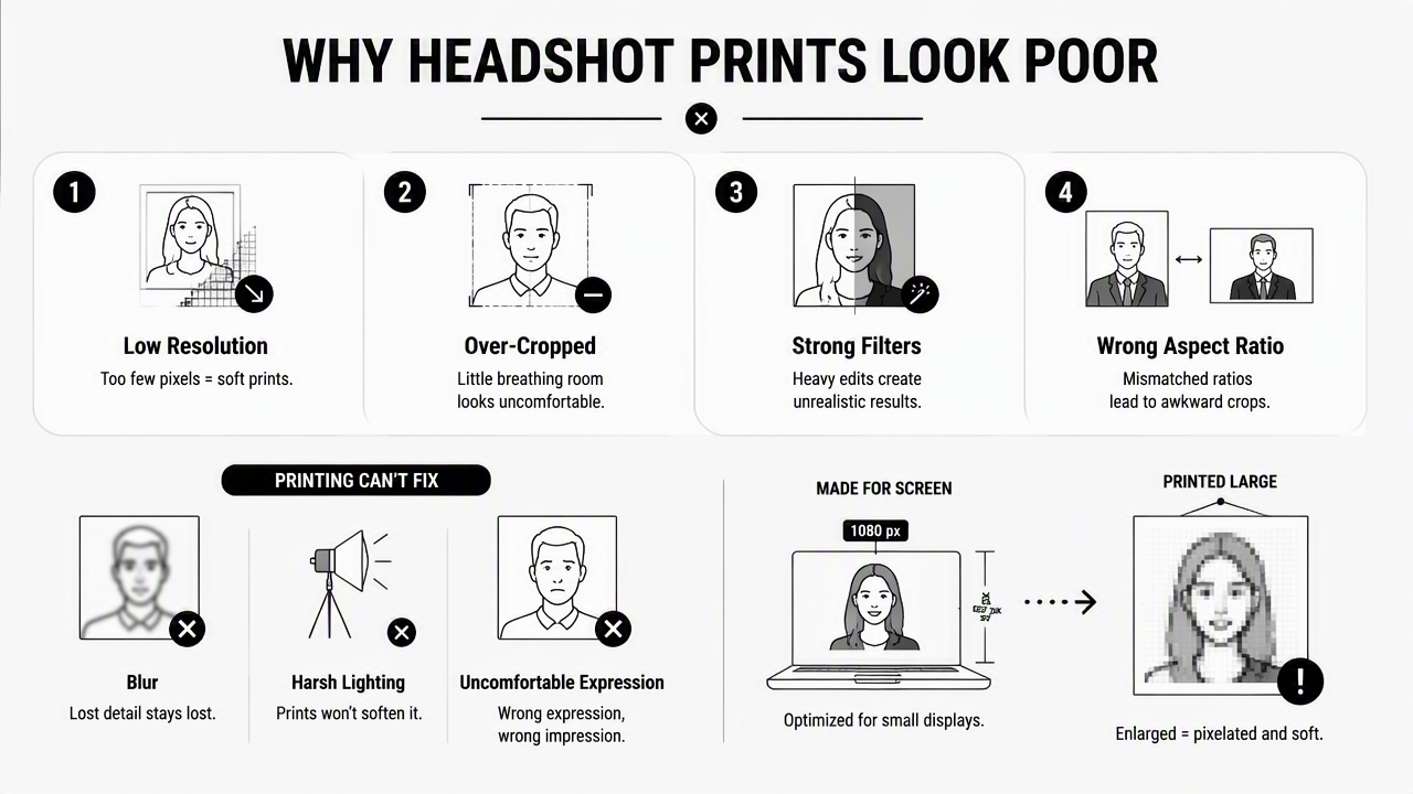 Illustration for What mistakes cause poor headshot prints?