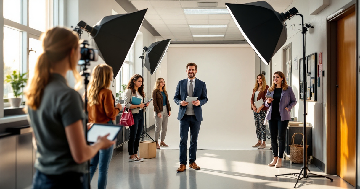 Organized school portrait station capturing consistent professional teacher headshots with studio lighting setup