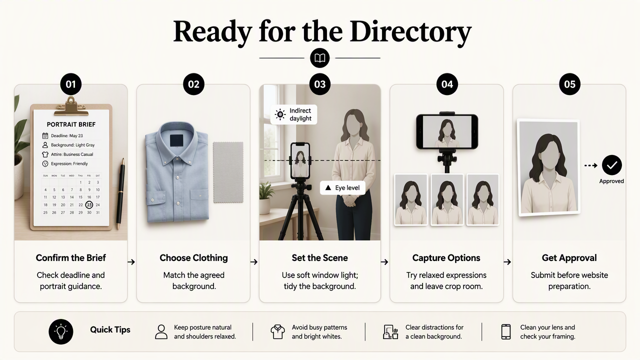 Five-step teacher headshot preparation guide showing brief, clothing, window light, phone framing, and staff approval.