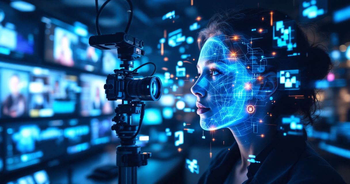 AI-assisted camera system capturing teacher portraits with glowing indigo technology lighting