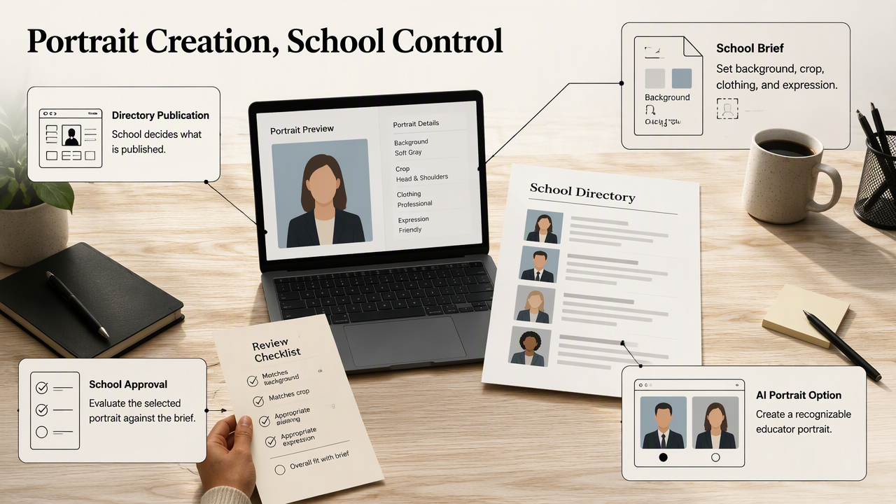 Annotated workflow showing AI teacher portrait options guided by a school brief, then reviewed and published by the school.