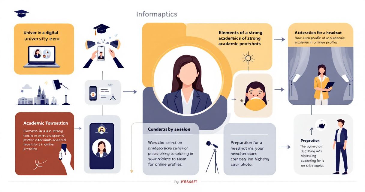 Modern infographic showing the importance of professional teacher and professor headshots with sections on preparation, technology, and academic branding trends.