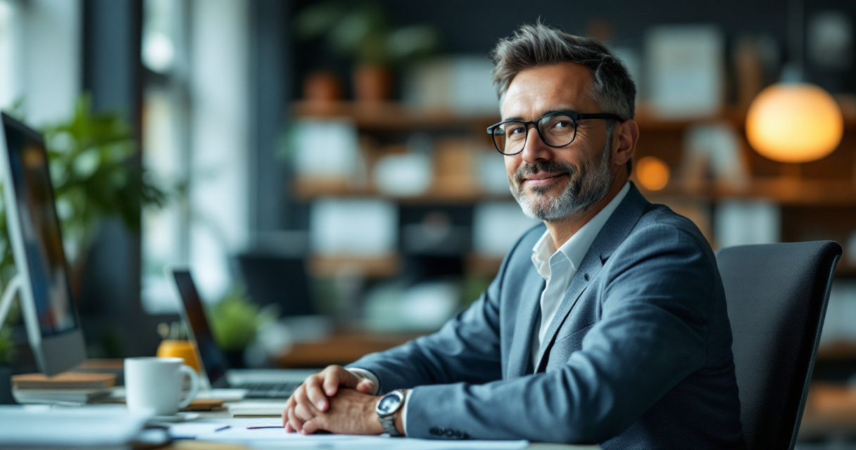 Professional academic portrait setup with confident professor and cinematic lighting in modern university office
