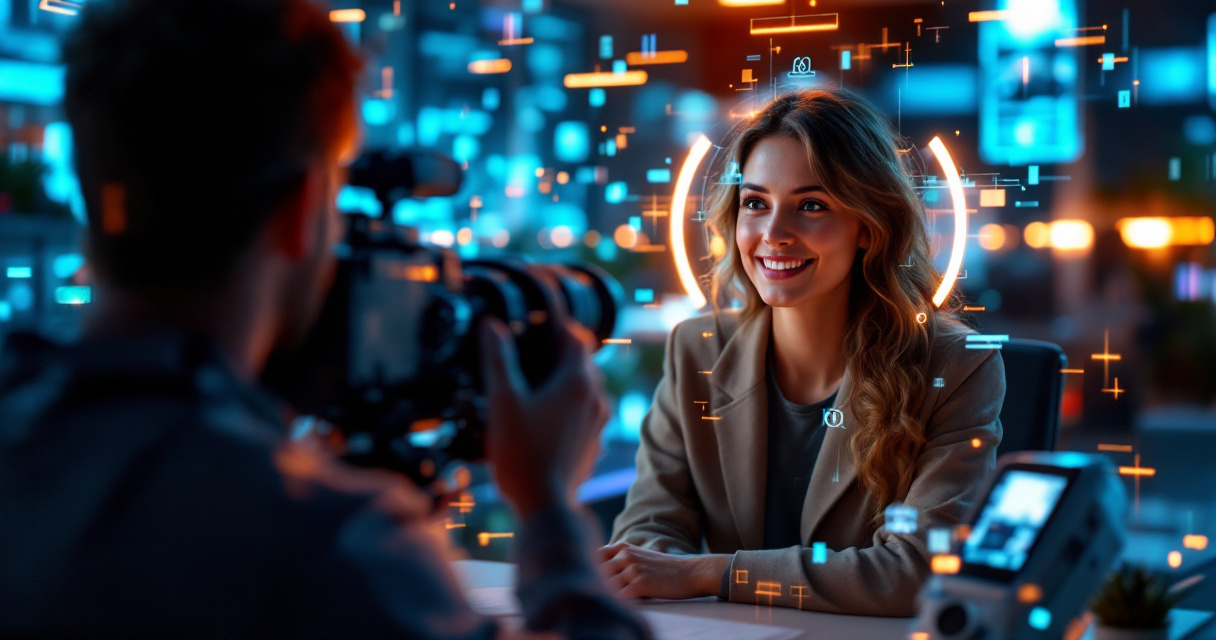 Futuristic AI-assisted photography studio capturing modern professor headshot with cinematic lighting