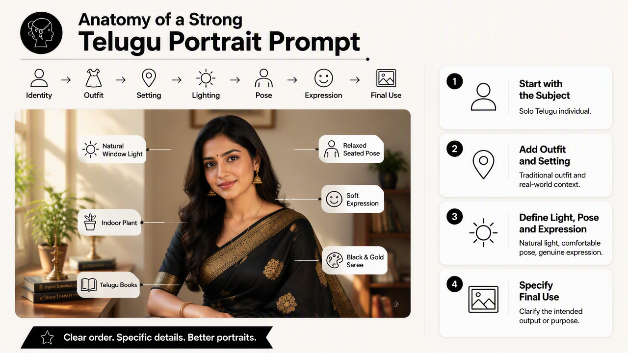 Illustration for How to write a strong Telugu portrait prompt?