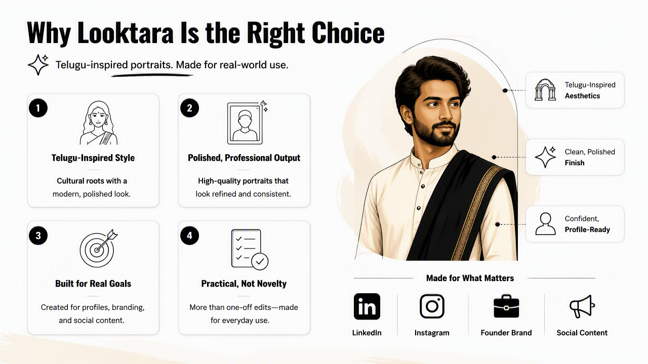 Illustration for How Looktara handles profile-ready Telugu portraits