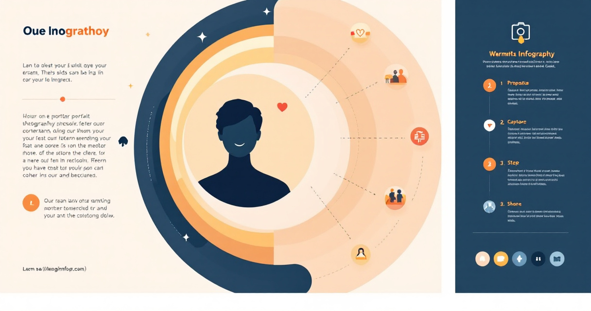 Infographic illustrating therapist headshot best practices with icons showing warmth, photography tips, and platform usage in indigo and warm tones