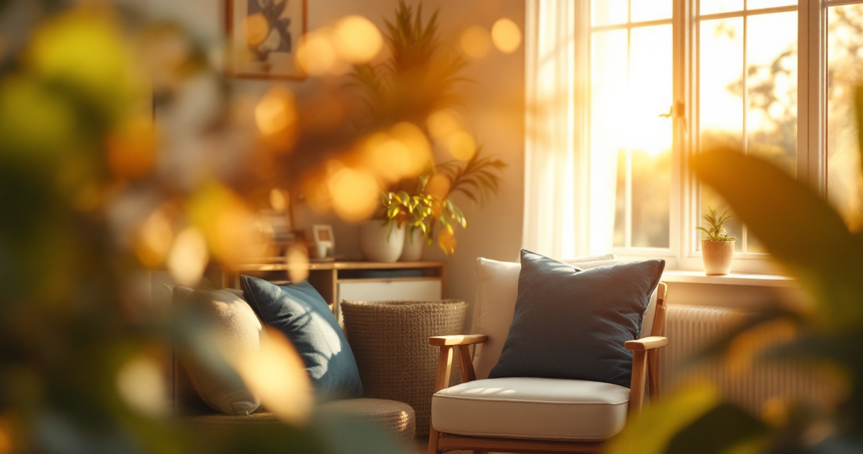 Warm inviting therapy office with natural light soft furniture and calming plants creating welcoming atmosphere