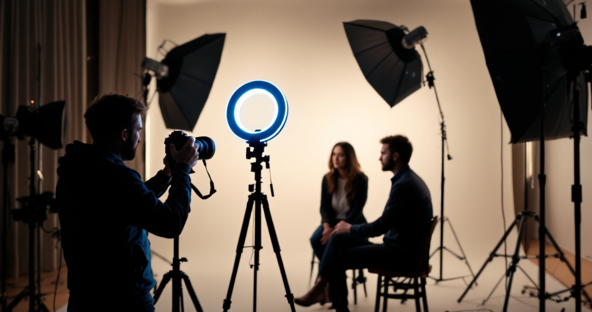 Behind the scenes professional headshot photography setup with lighting equipment and camera arrangement