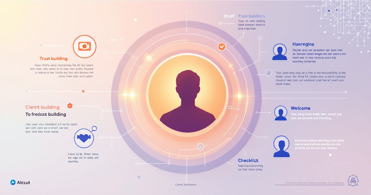 Infographic illustration showing warm therapist headshot elements with lighting icons, trust-building visual flow, and professional photography checklist in modern flat design