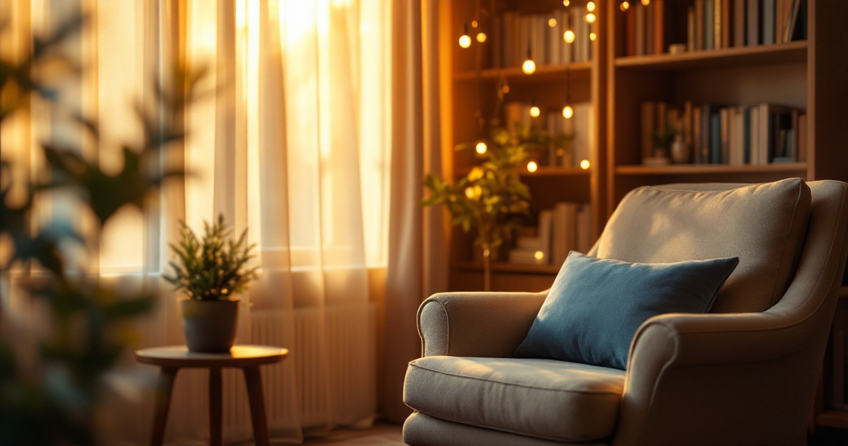 Warm inviting therapy office setting with comfortable armchair and soft natural lighting creating approachable atmosphere