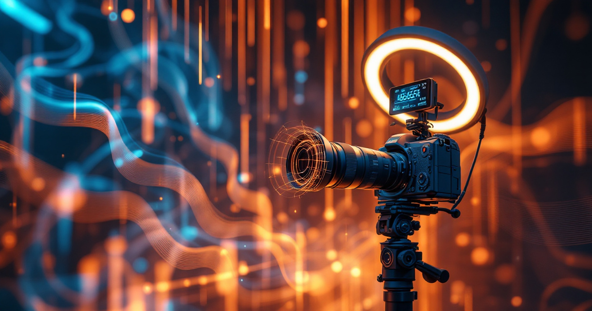 Modern AI photography studio with digital light elements and professional lighting equipment for headshot creation