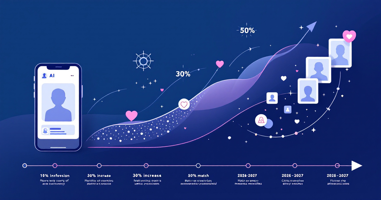 Infographic showing AI-powered dating profile photo enhancement with smartphone, neural network patterns, match statistics, and timeline visualization in indigo color scheme