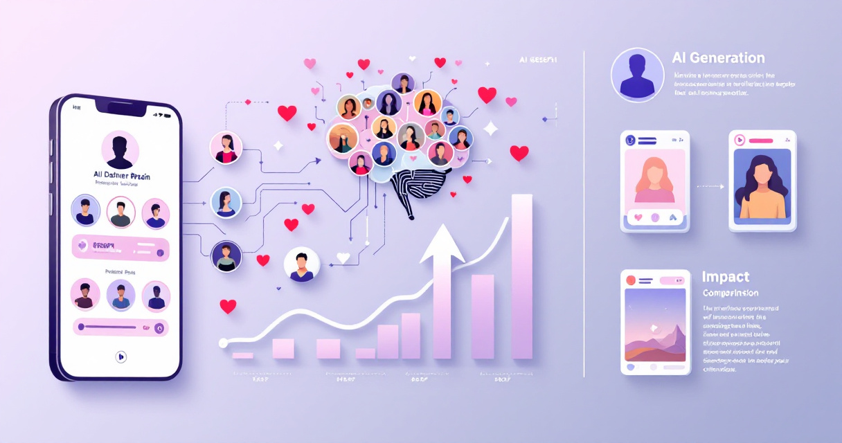 Infographic showing how AI-generated Tinder profile photos are created and how they increase matches on dating apps