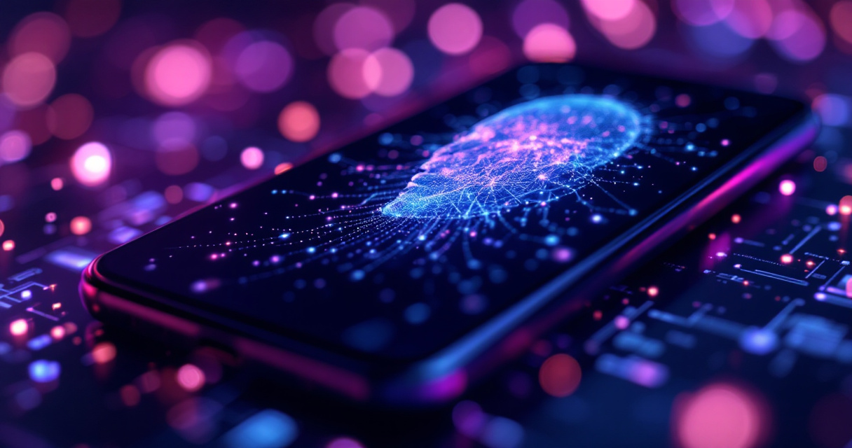 AI neural network visualization processing dating profile photo on smartphone screen with purple lighting