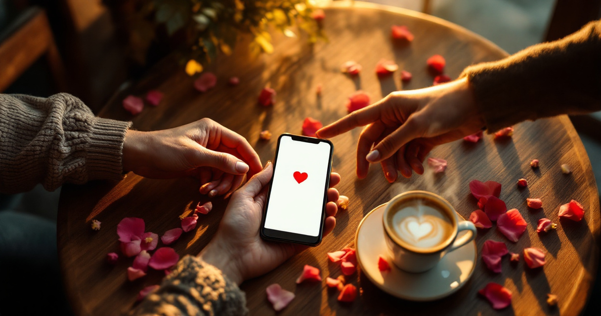 Romantic coffee shop scene with hands reaching toward phone showing dating app match notification