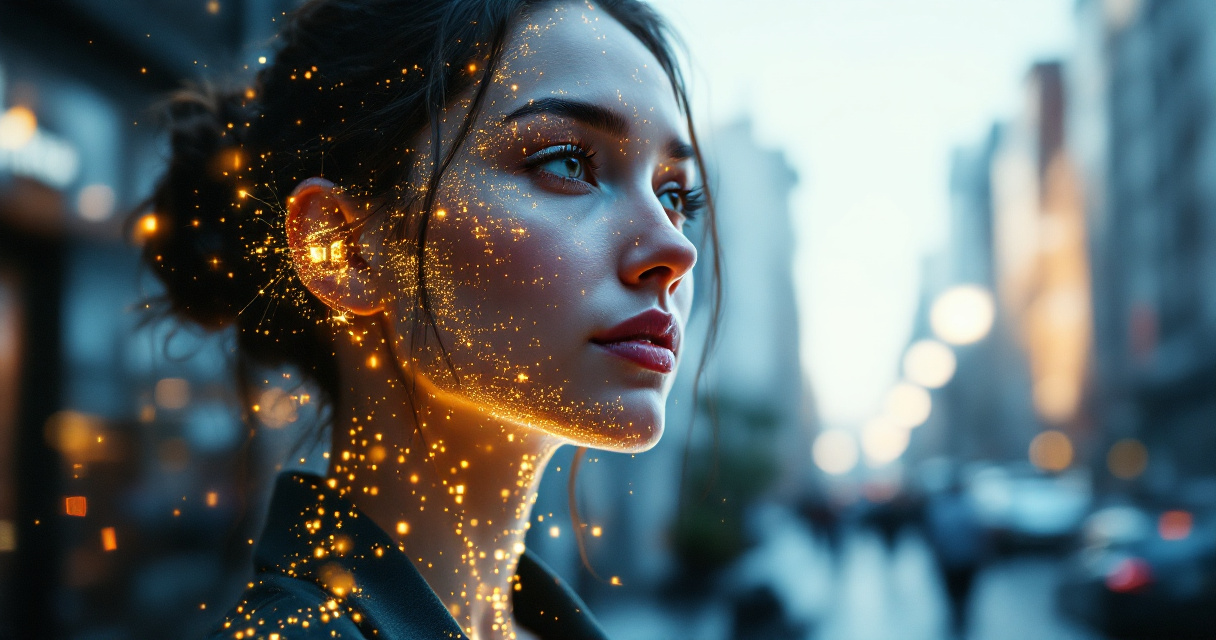 Futuristic AI system generating realistic dating profile portrait with cinematic lighting and natural appearance
