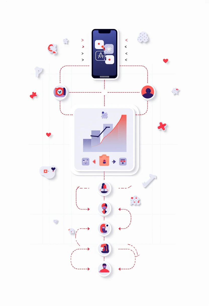 Infographic illustration showing AI dating photo enhancement process with smartphone, comparison charts, and step-by-step flow diagram in indigo and pink colors