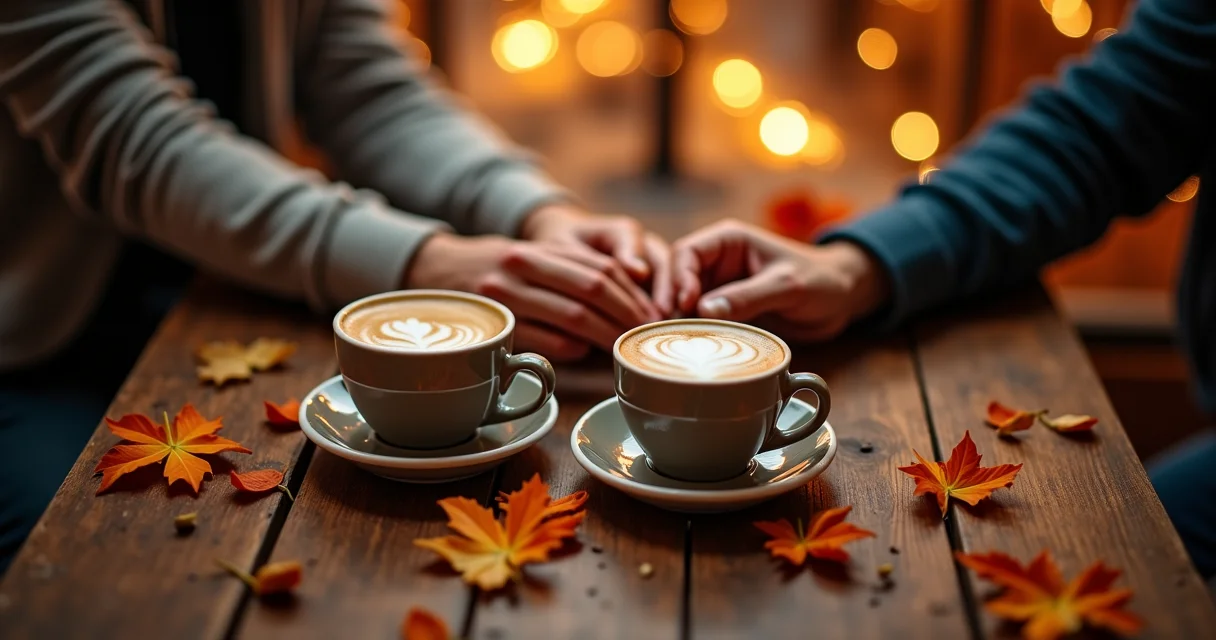 Romantic first date scene at coffee shop showing real-life connection after successful dating app match