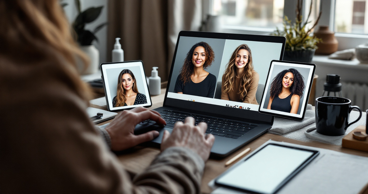 Over-the-shoulder desk scene comparing AI portrait styles for headshots, branding, and profile photos