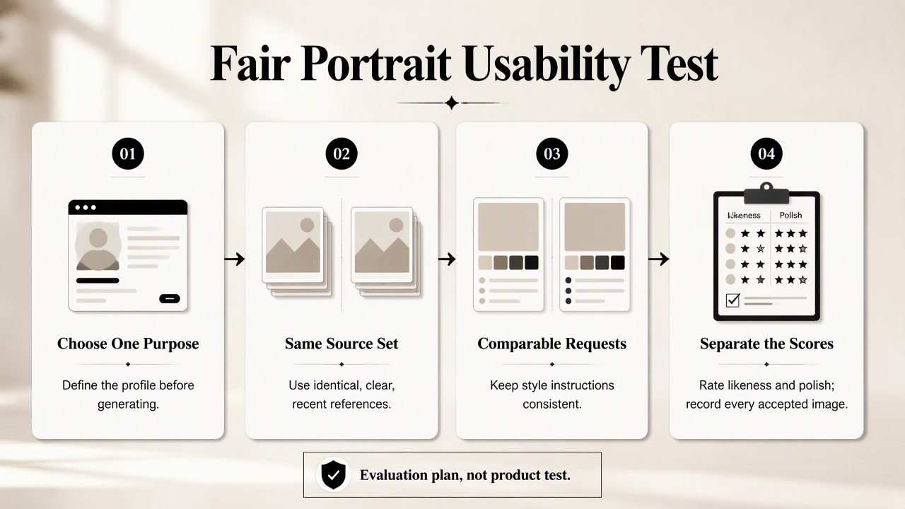 Four-step diagram for fairly comparing AI headshot likeness, polish, and accepted images.