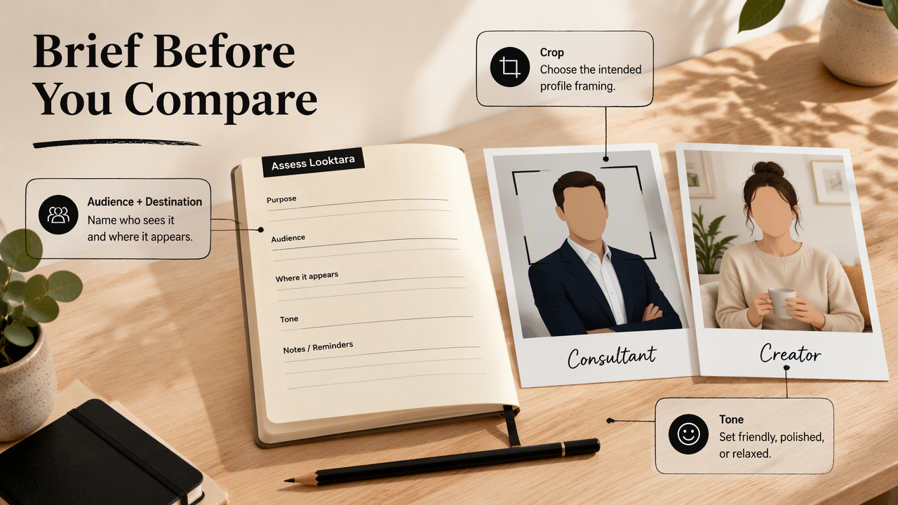 Creative brief diagram showing audience, destination, crop, and tone for professional profile portraits.