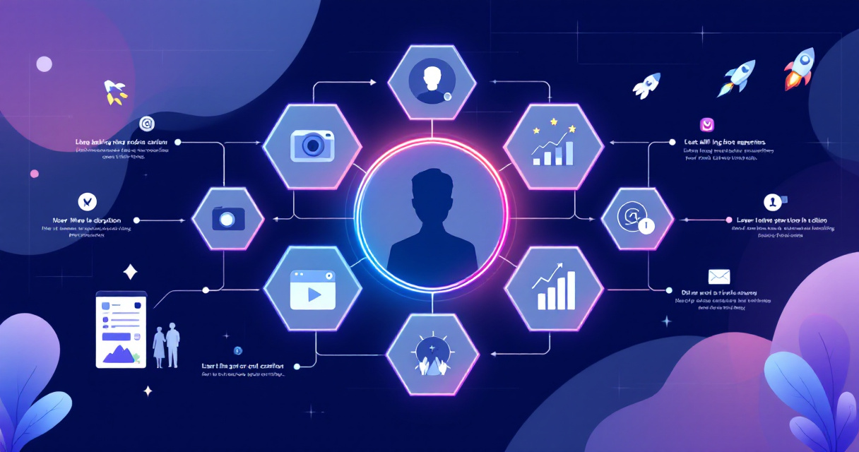 Infographic illustration showing virtual assistant headshot optimization elements with profile icon, success metrics, and freelance platform visual elements in indigo color scheme
