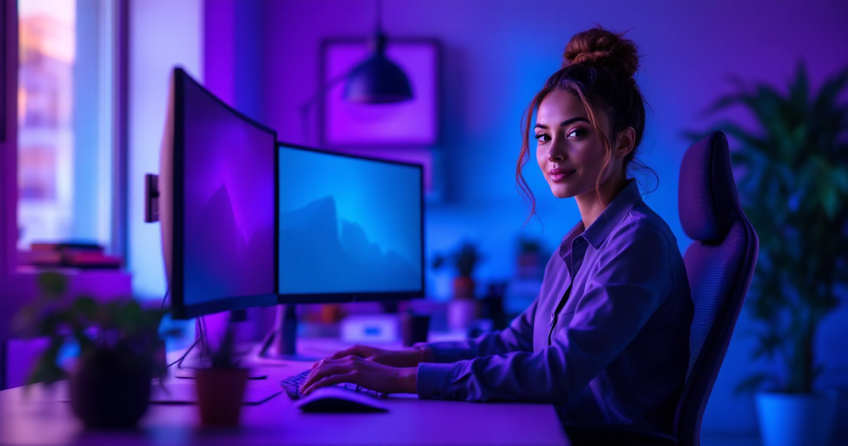 Professional virtual assistant at modern home office workspace with warm lighting and organized desk setup