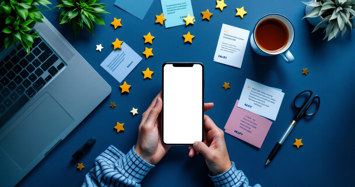 Flat lay composition of freelancer success elements including laptop stars and professional achievements