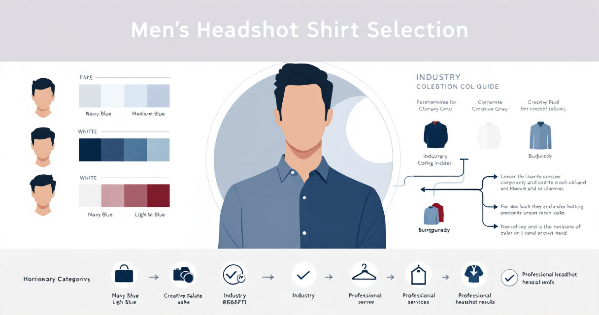 Infographic illustration showing men's shirt color guide for professional headshots with skin tone matching, industry recommendations, and color swatches in modern flat design