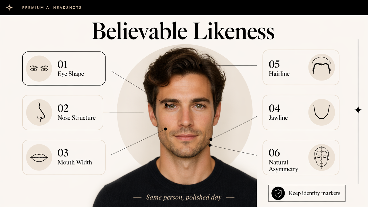 Annotated infographic showing the facial features that preserve trust in an AI headshot.