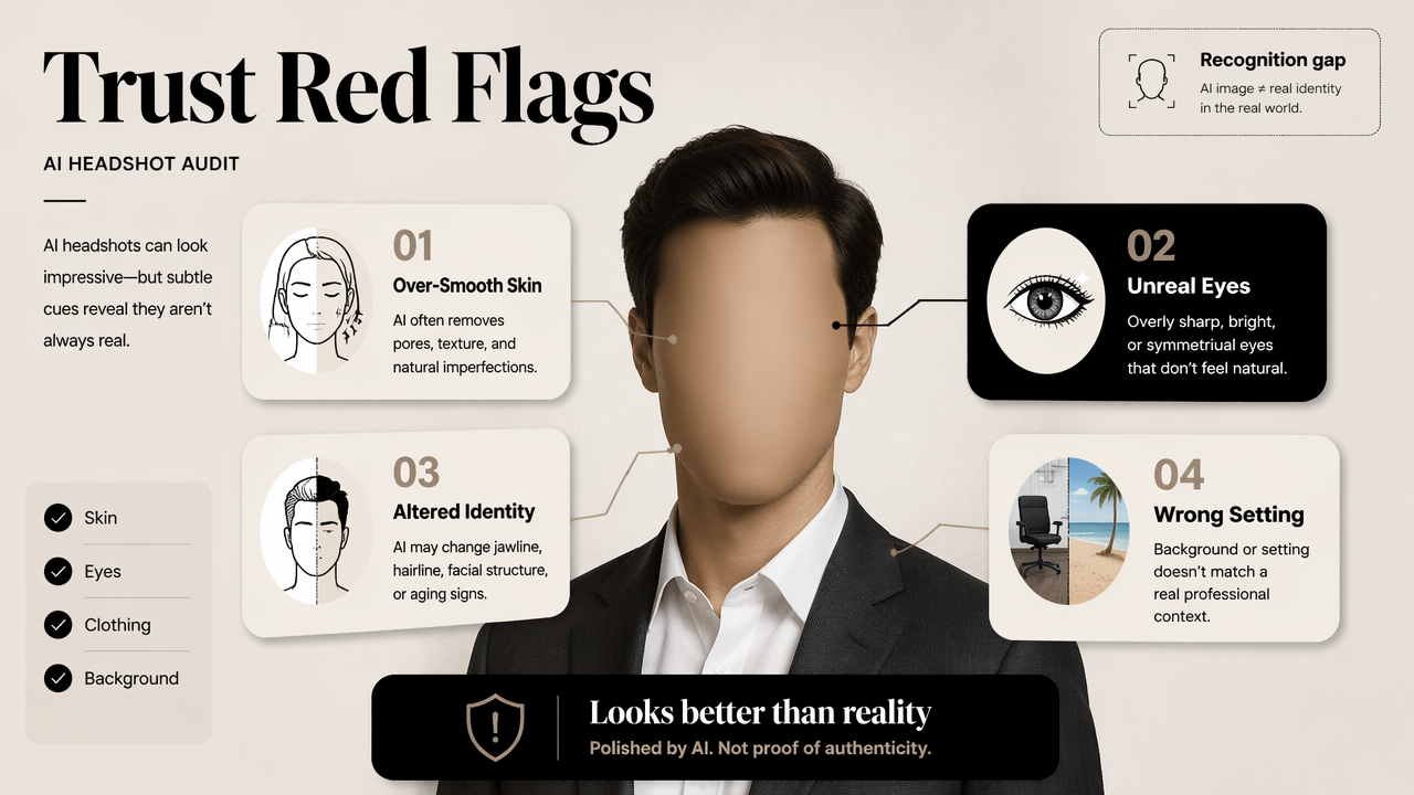 Diagram of common AI headshot mistakes that reduce trust and recognition.