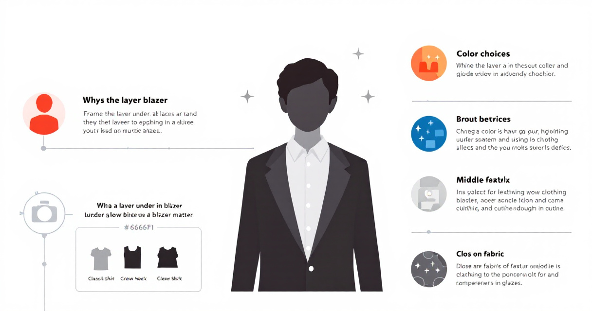Infographic showing blazer layering options, color choices, fabrics, and AI tools for choosing the best outfit under a blazer for professional headshots.