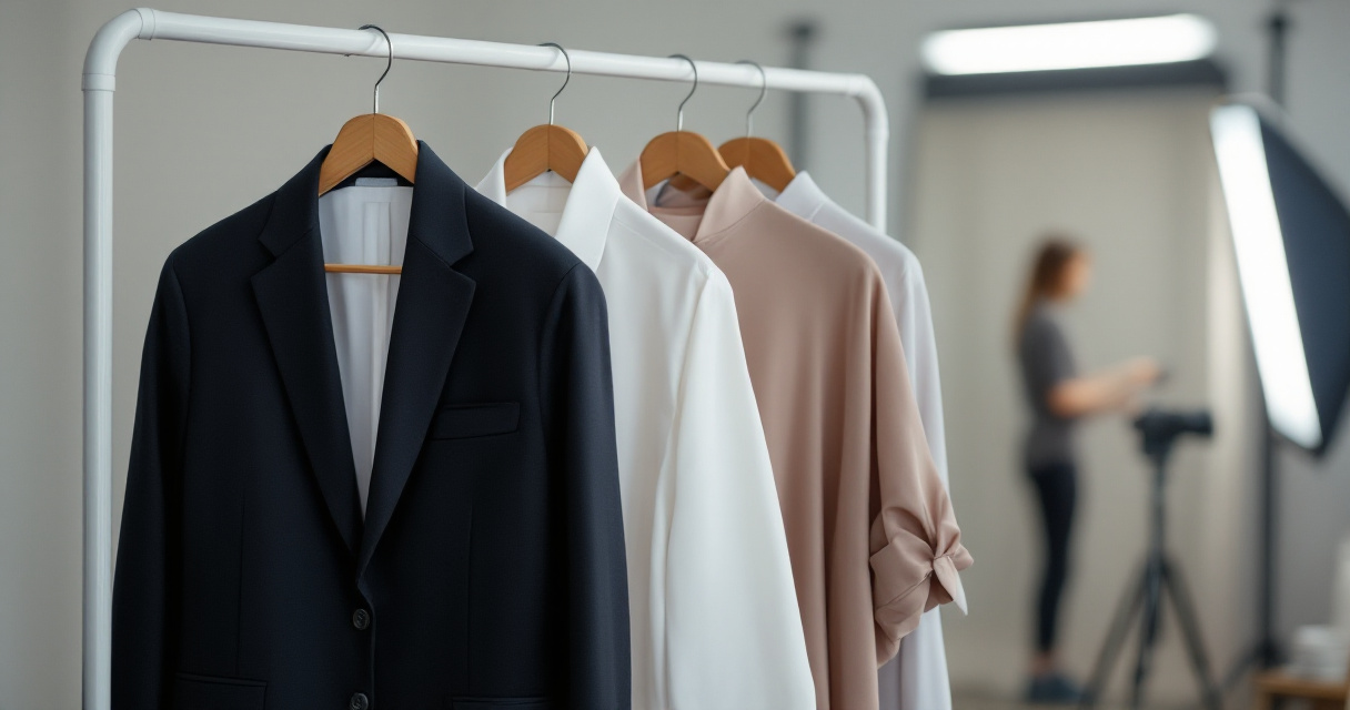 Professional studio setup with blazer and flattering shirt options prepared for a headshot session