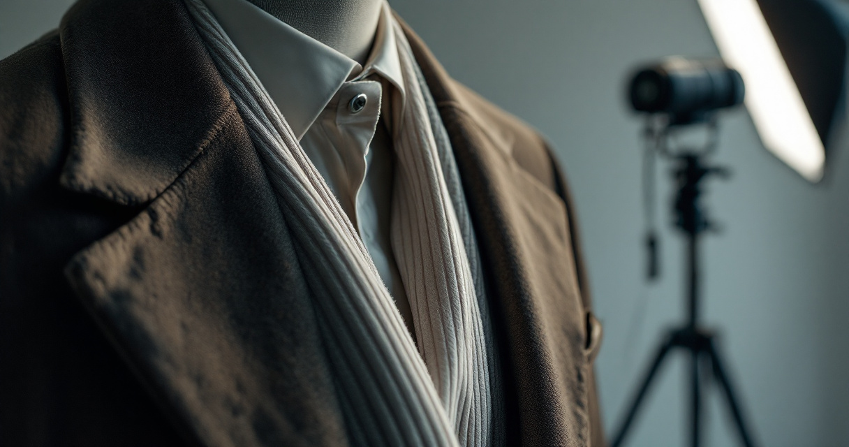 Close-up of clothing fabric textures under blazer illuminated by professional studio lighting