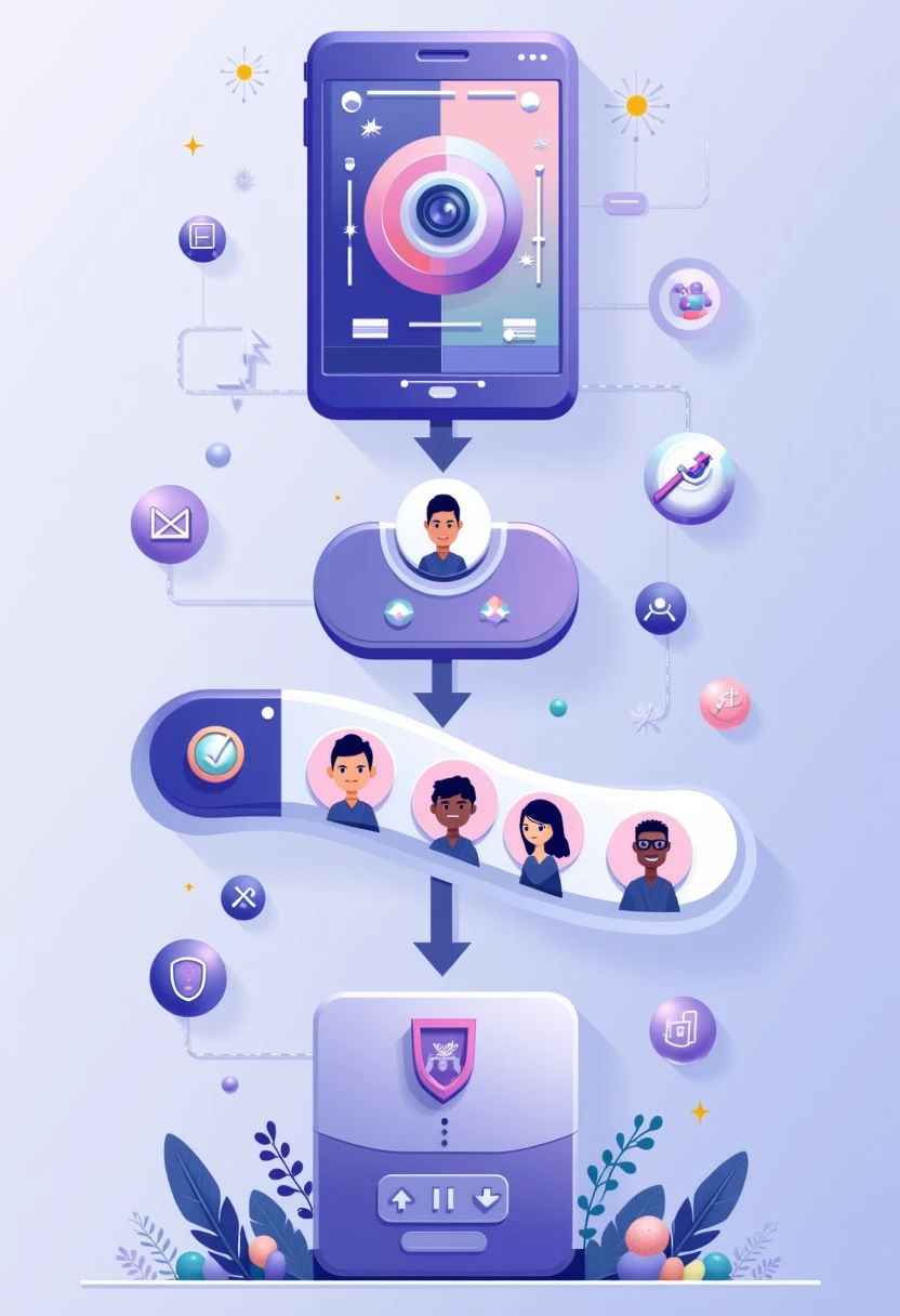 Infographic illustration showing AI profile picture generation workflow with smartphone, avatar styles, and security icons in indigo color scheme