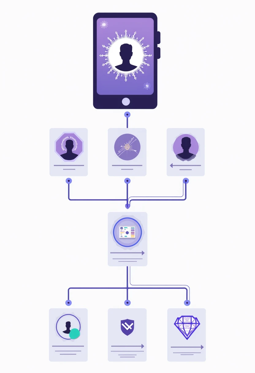 Infographic illustrating AI WhatsApp profile picture generation workflow with smartphone, processing icons, comparison charts, and security elements in purple color scheme