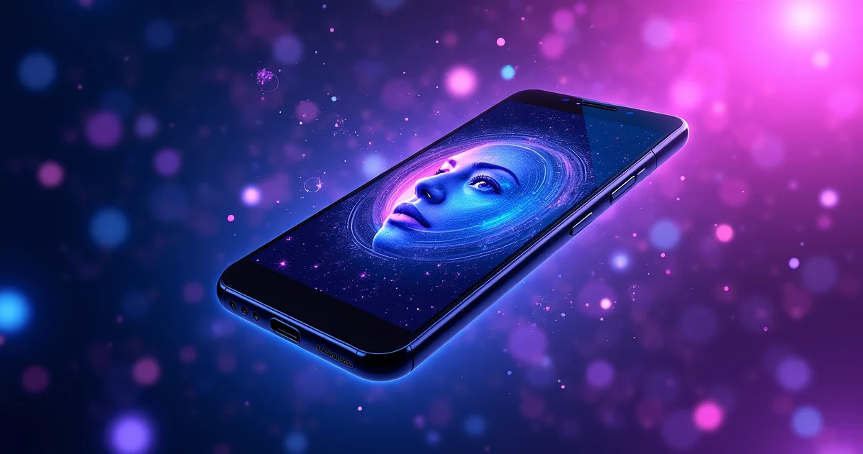AI-powered smartphone displaying creative digital portrait with futuristic holographic interface elements for WhatsApp profile creation
