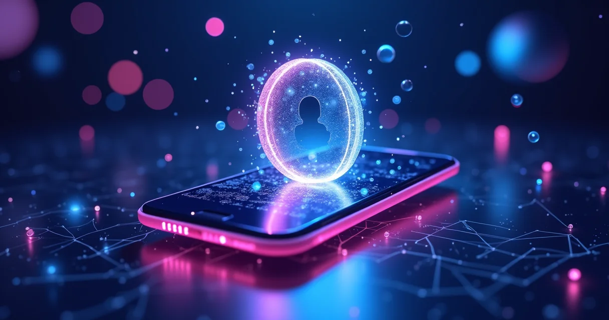 AI-powered smartphone interface displaying holographic profile picture frame with glowing indigo particles and futuristic design elements