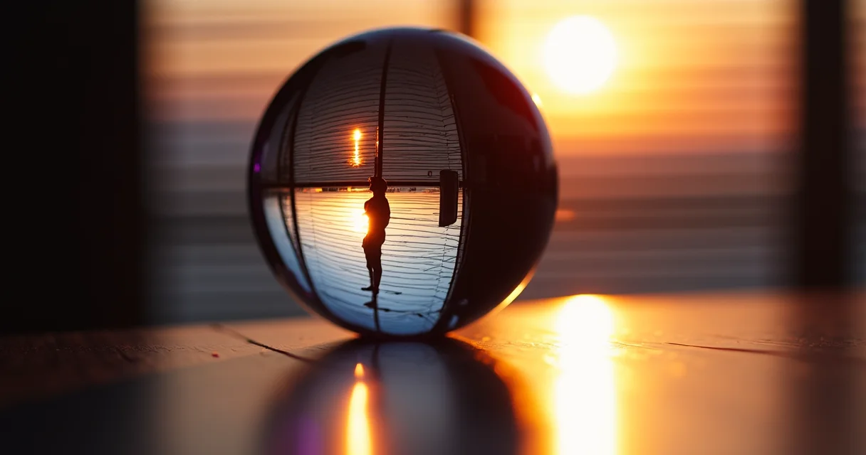 Reflective obsidian sphere showing optimized portrait silhouette with dramatic golden hour lighting and purple accent illumination