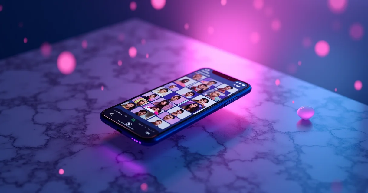 Smartphone displaying grid of AI-generated profile pictures with purple lighting effects for WhatsApp DP comparison