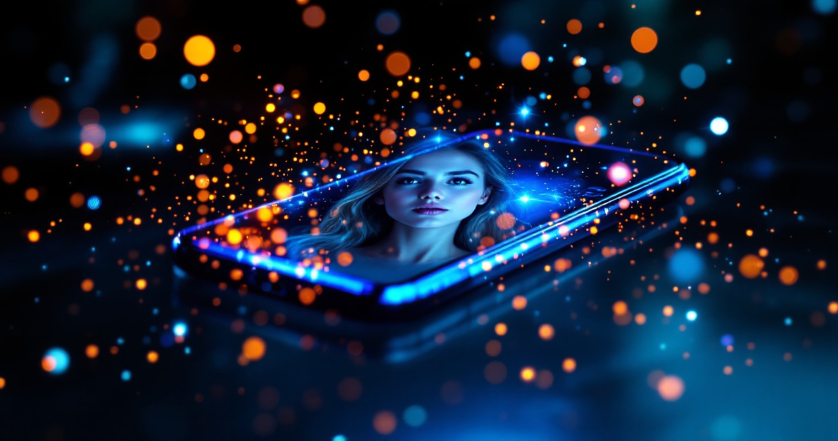 AI-powered smartphone transforming a selfie into a polished WhatsApp display picture with glowing effects
