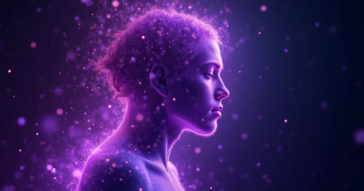 Abstract visualization of AI profile picture enhancement showing creative transformation with indigo energy particles