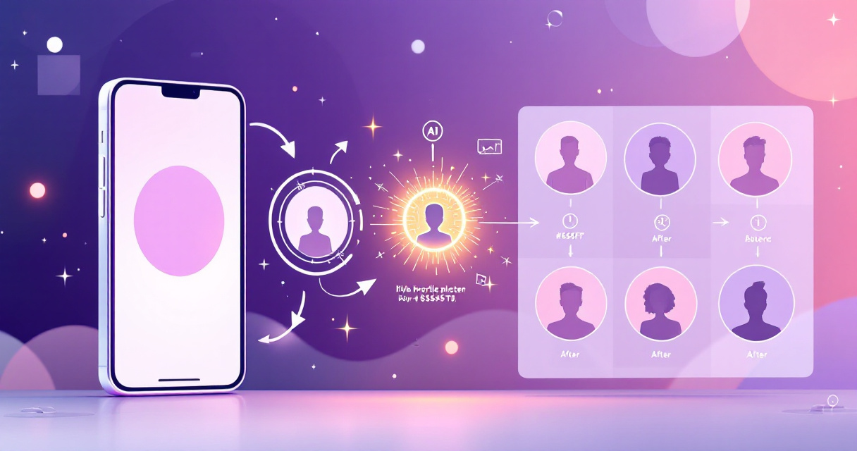 Infographic showing AI transformation of WhatsApp profile pictures with smartphone mockups, neural network icons, and before-after profile silhouettes in indigo color scheme