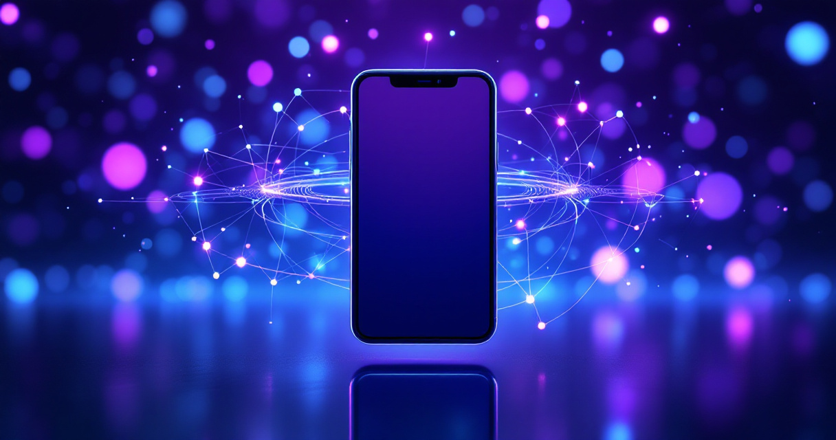 AI-powered smartphone with glowing profile picture frame surrounded by neural network visualization in indigo tones