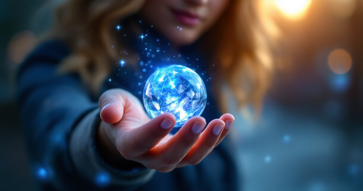 Hand touching magical orb transforming rough portrait into professional AI-enhanced headshot with indigo particles