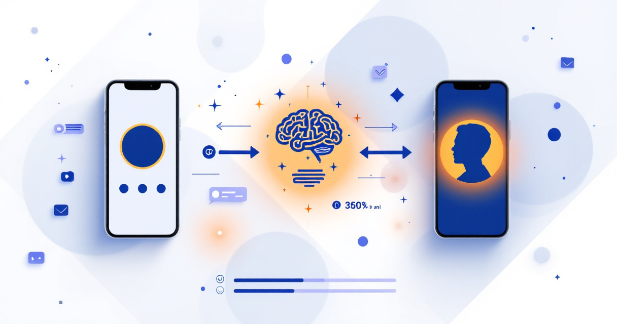 Infographic showing AI-powered transformation of a basic profile picture into a professional WhatsApp DP with icons representing technology and quality metrics